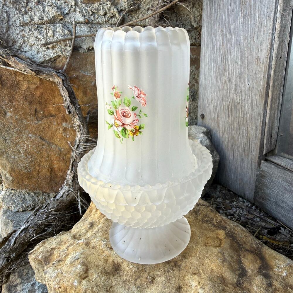 Westmoreland Frosted Floral Glass Ribbed Hobnail Column Fairy Lamp Cottagecore